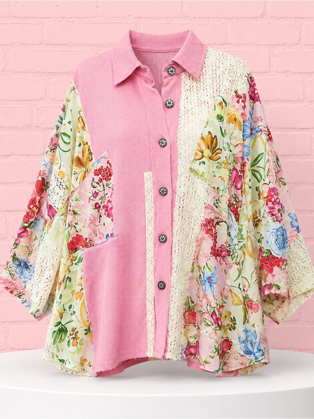 NWT POL Candy Pink Floral Lace Patchwork Oversized Button Top L